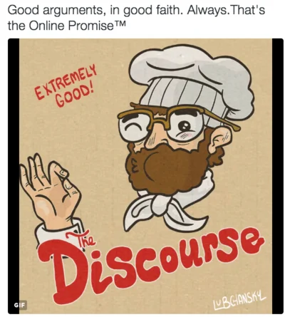 Chef's Kiss — Cartoon chef with text overlays about online discussion and quality