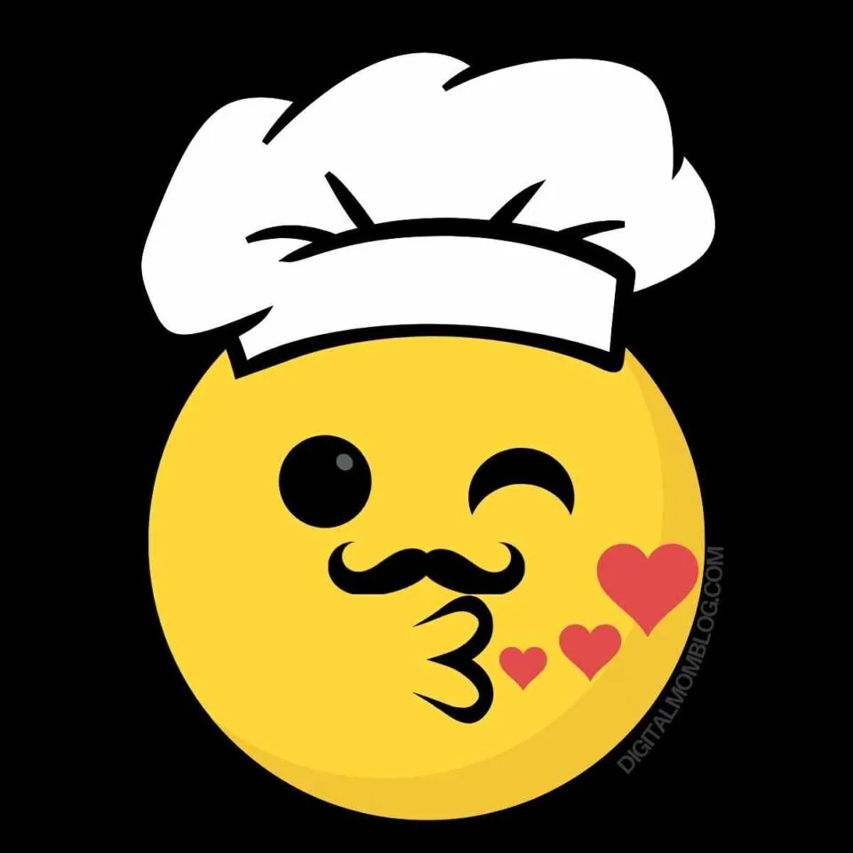 Cartoon yellow chef emoji making chef's kiss gesture with hearts