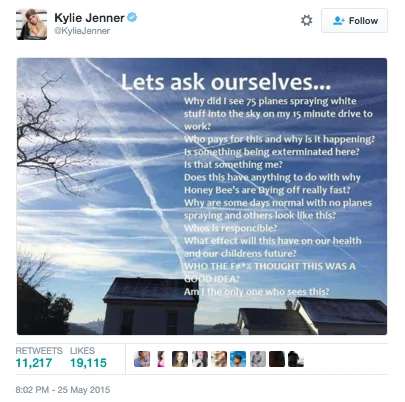 Chemtrail Conspiracy Theories — Screenshot of Kylie Jenner's tweet asking about planes spraying white trails, with a contrail-filled sky image.