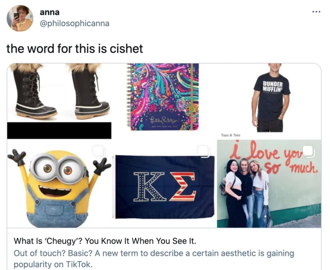 Twitter visual grid collage of cheugy elements including lace boots, notebooks, Minions, Greek letters.