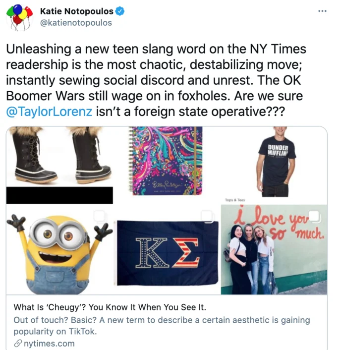 Twitter post about New York Times coverage with 3x3 grid showing cheugy examples.