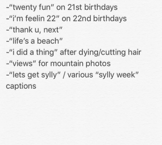Text listing cheugy phrases including twenty fun, i'm feelin 22, life's a beach.