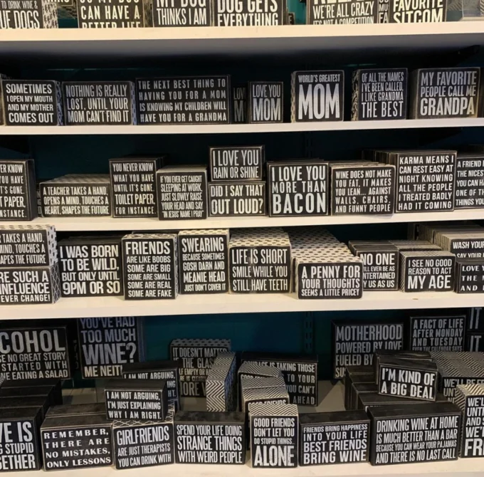 Cheugy — Wooden plaques and signs with motivational text like I LOVE YOU MOM and family messages.