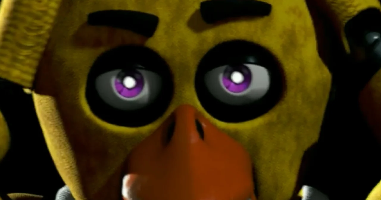Chica Rizz — Close-up of Chica animatronic from Five Nights at Freddy's with large purple eyes staring at the viewer