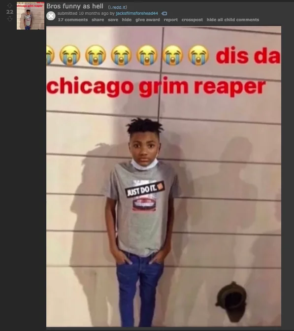 Chicago Grip Reaper — Reddit meme post captioned 'dis da chicago grim reaper' showing a boy standing against a wall