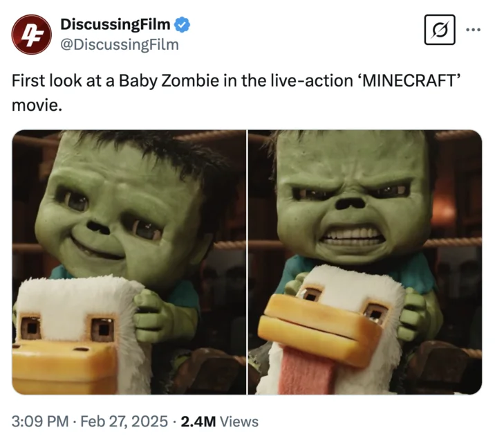 Chicken Jockey / Minecraft Movie — A "tweet":https://knowyourmeme.com/memes/sites/twitter-x from the X account DiscussingFilm about the "first look at a baby