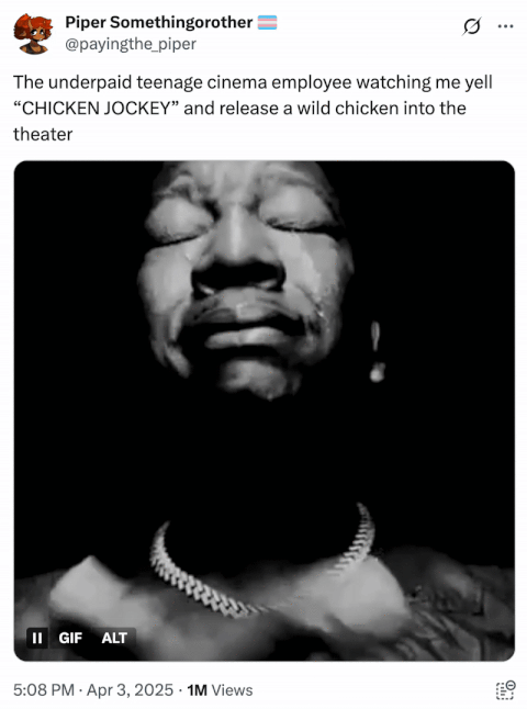 Chicken Jockey / Minecraft Movie — A "tweet":https://knowyourmeme.com/memes/sites/twitter-x using the "Yung Joc