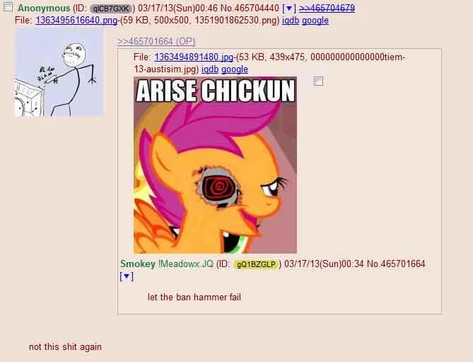 4chan post displaying the 'Arise Chickun' image macro with user commentary.