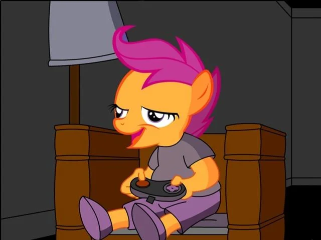 Chickun — Scootaloo with a beak-shaped mouth lounging on a couch holding a game controller.