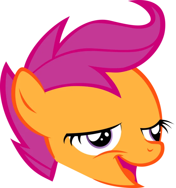 Vector illustration of orange pony Scootaloo with the chickun beak smile.