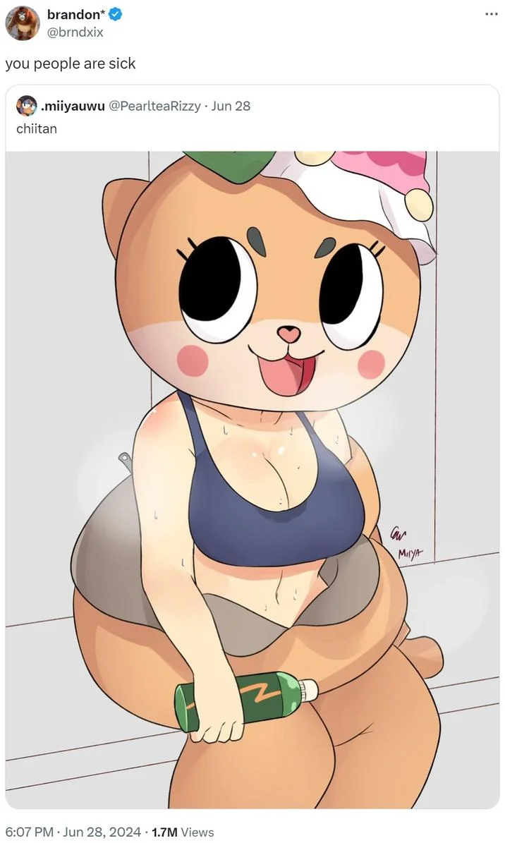Chiitan Removing The Costume — brandon* @brndxix you people are sick .miiyauwu @PearlteaRizzy ⚫ Jun 28 chiitan Cav し MIYA 6:07 PM - Jun 28, 2024 1.7M Views