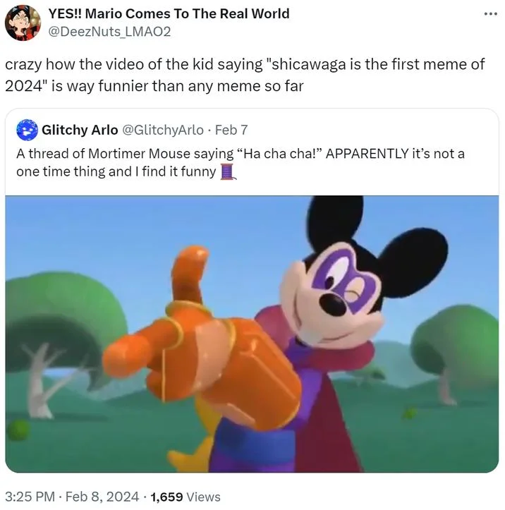 Twitter screenshot featuring Chika Waga meme parody with Disney animated character.
