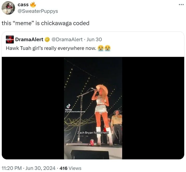 Twitter screenshot displaying Chika Waga format parody with performer on stage.