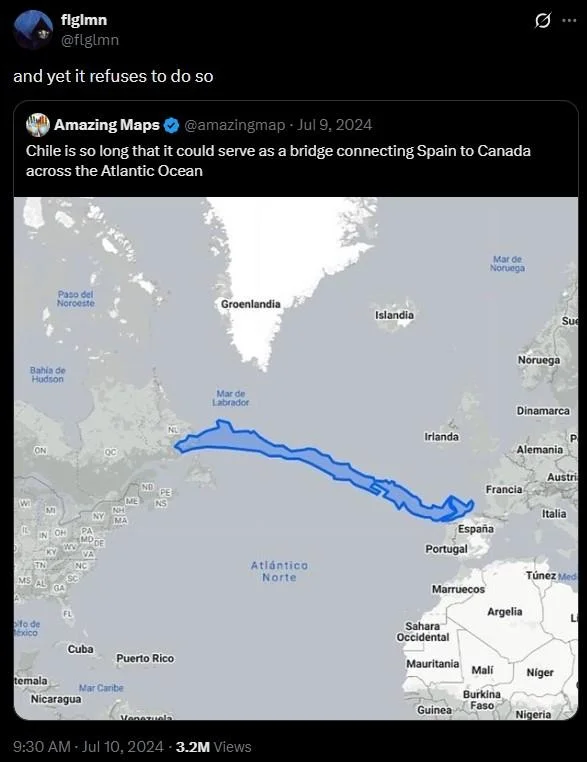 Chile Memes — Twitter screenshot showing Chile stretched across the Atlantic as a land bridge between Spain and Canada.