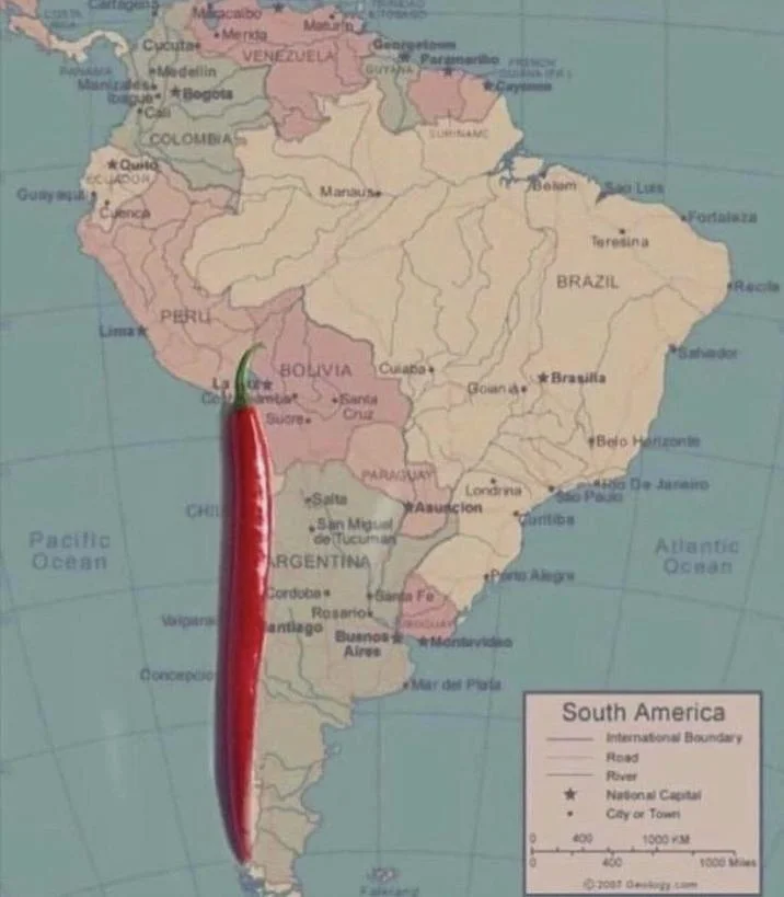 Chile Memes — Map of South America with a red chili pepper covering the country of Chile.