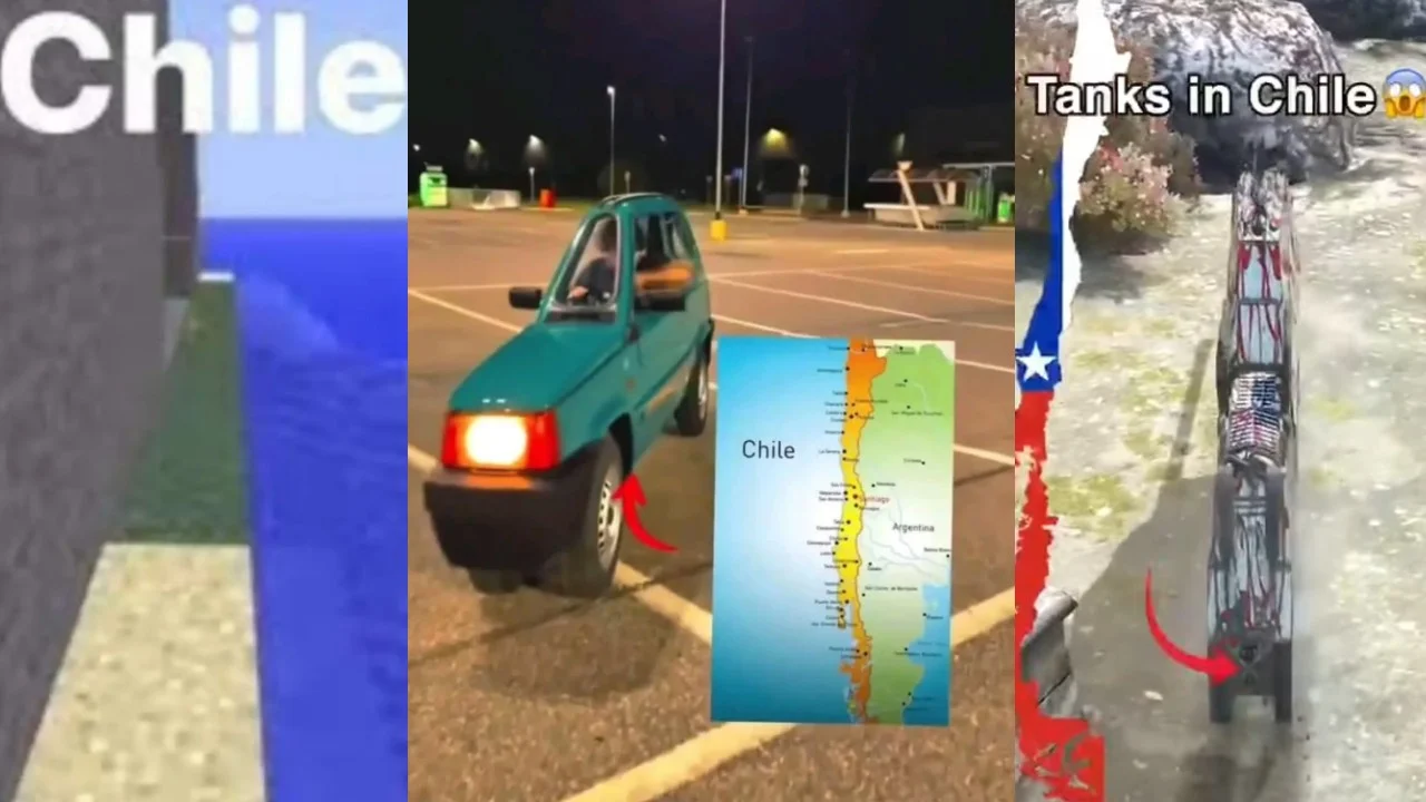 Collage of three Chile memes showing narrow objects compared to Chile's long, thin shape.