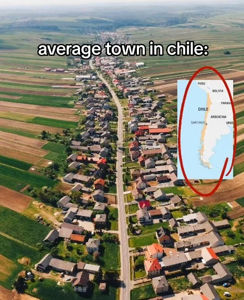 Chile Memes — Aerial view of a long, narrow village stretched along a single road, next to a map of Chile.