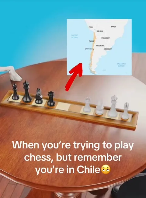 Chile Memes — Chess board with pieces arranged in a single narrow row alongside a map of Chile.