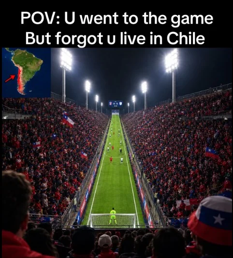 Chile Memes — Narrow soccer stadium field packed with fans, joking about Chile's slim geography.
