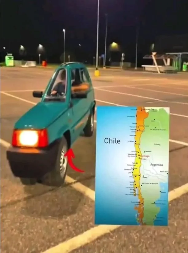 Chile Memes — Tiny compact car next to a narrow map of Chile with a red arrow pointing at the car.