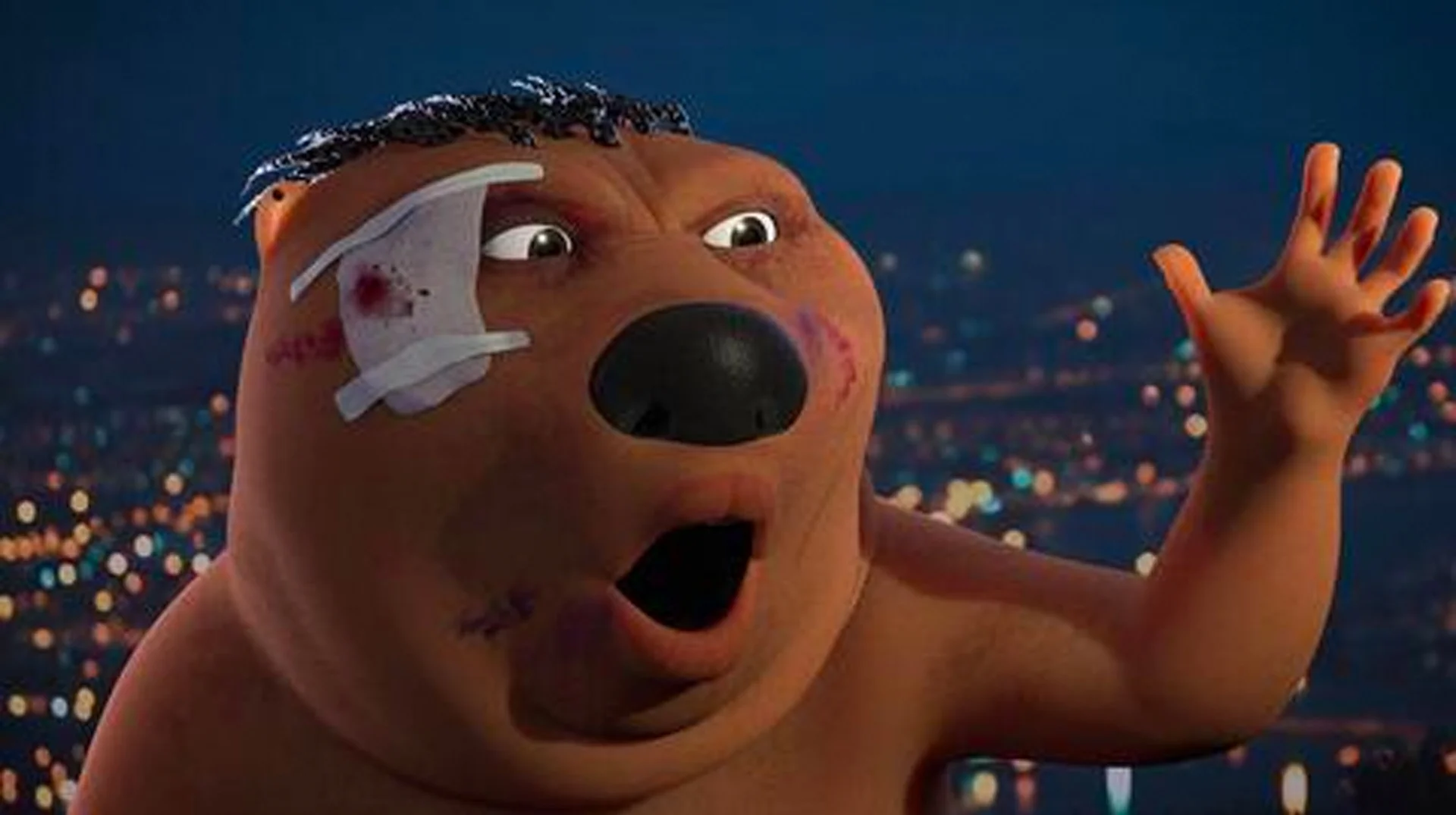 Chinese Beaver — Startled CGI beaver-like creature with bandage over eye and hand raised, city lights glowing in the background at night