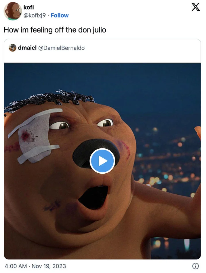 Tweet screenshot using the Chinese Beaver clip captioned How im feeling off the don julio