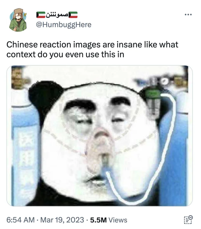 Chinese Panda Wearing Oxygen Mask — Twitter post by @HumbuggHere sharing the Chinese panda oxygen mask meme with 5.5M views.