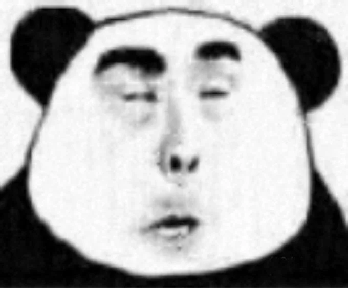 Chinese Panda Wearing Oxygen Mask — Black-and-white Chinese panda reaction meme with a tired human face.