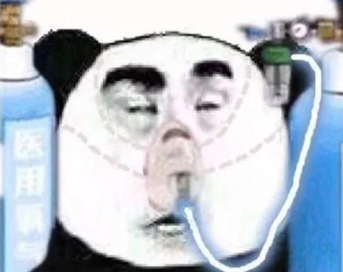 Chinese Panda Wearing Oxygen Mask — Square-format Chinese panda meme with human face and oxygen mask surrounded by oxygen tanks.