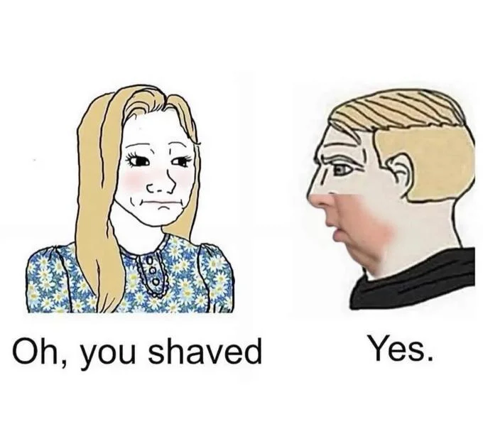 Alternate crop of the oh you shaved chinlet Wojak meme