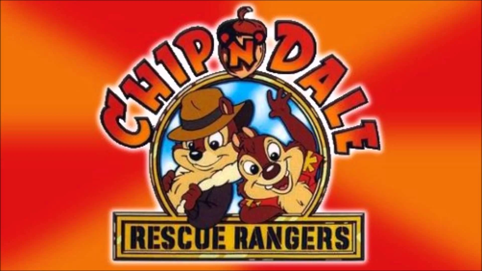 Chip N Dale Rescue Rangers — Chip 'n Dale Rescue Rangers show logo with the two chipmunks framed by an acorn-topped title on a red-orange background