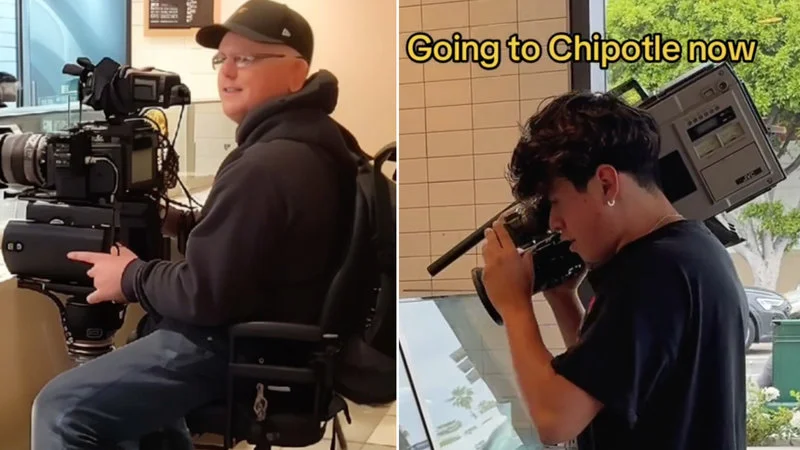 Chipotle Camera Rule Filming Hack — Side-by-side photos of cameramen with professional equipment at Chipotle location.