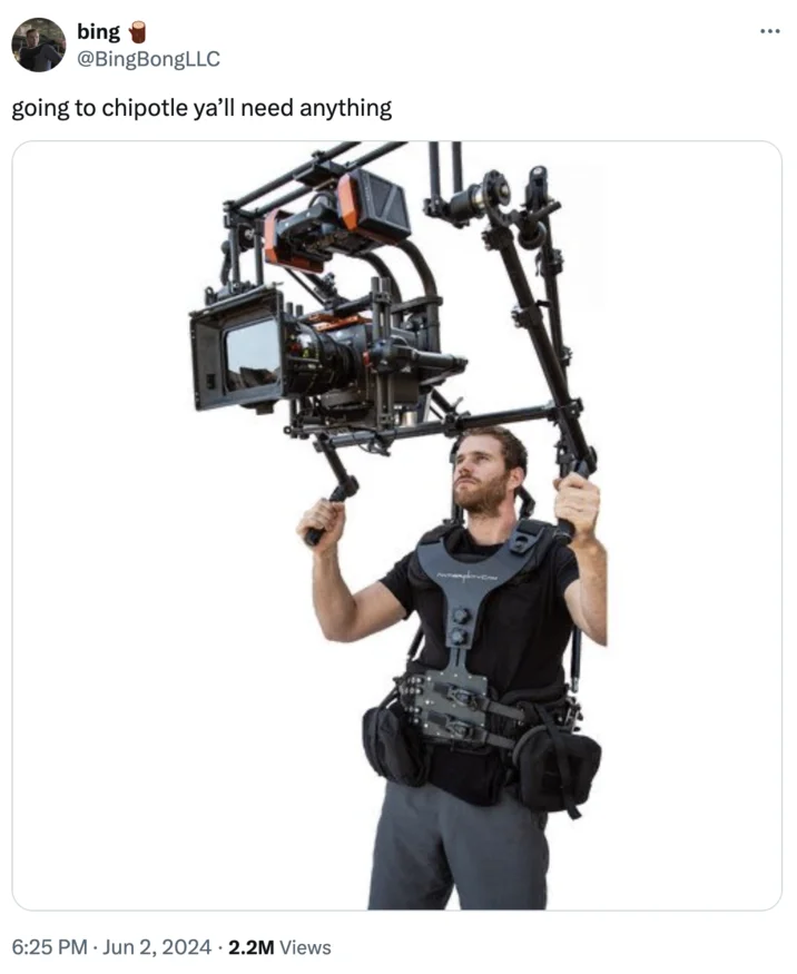 Chipotle Camera Rule Filming Hack — Social media screenshot of cameraman with professional cinema equipment for Chipotle filming.