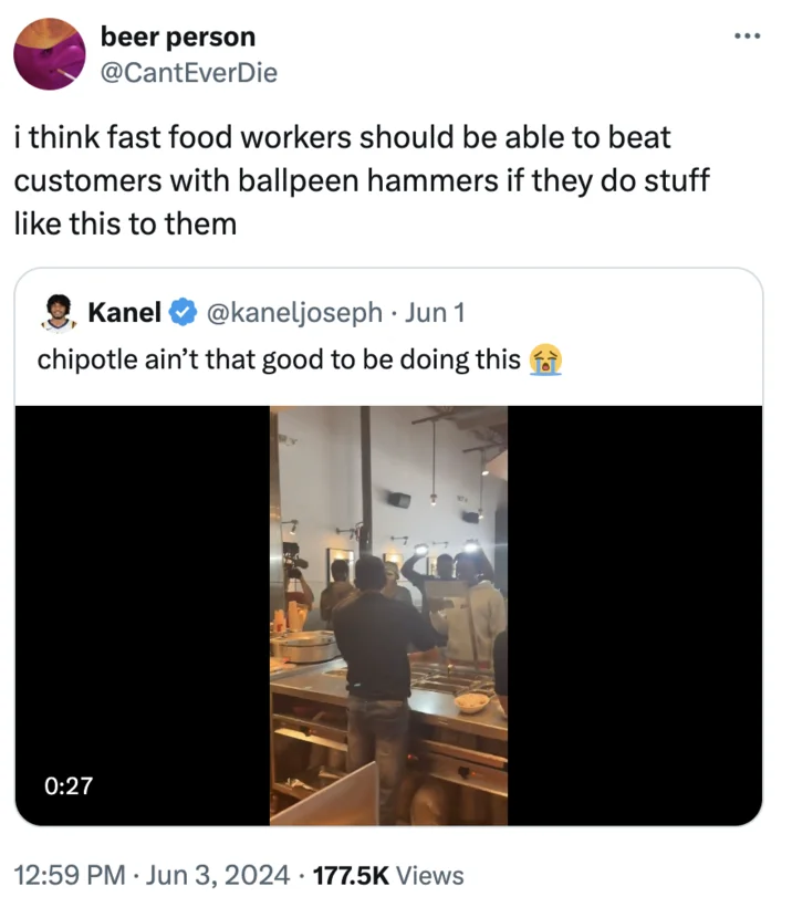 Chipotle Camera Rule Filming Hack — Twitter screenshot with video of someone filming inside Chipotle with commentary.
