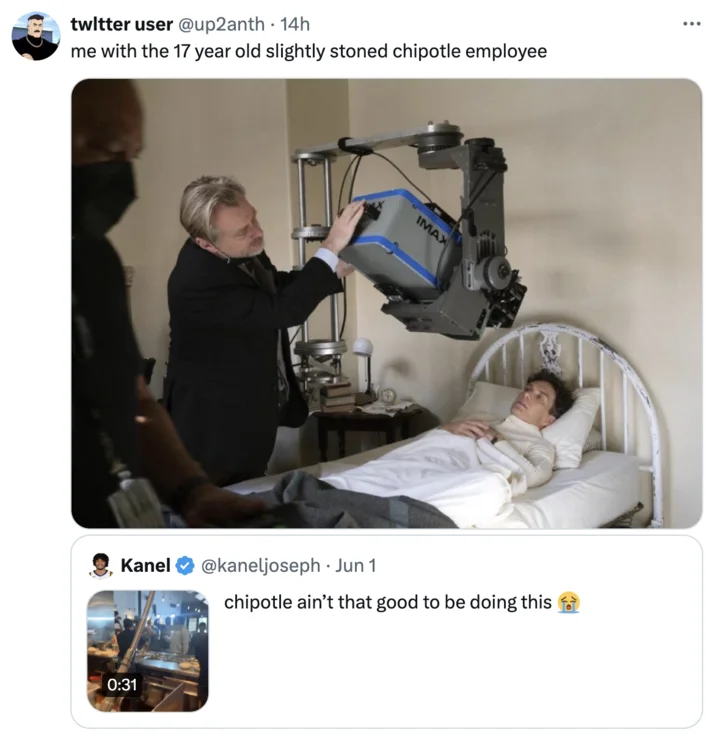 Chipotle Camera Rule Filming Hack — Twitter screenshot comparing filming hospital patient to Chipotle employee with cameras.