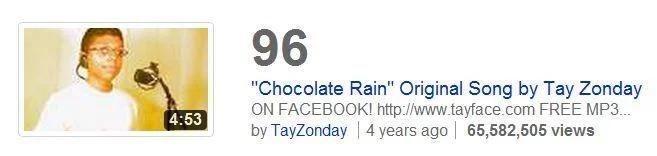 A Facebook social media screenshot showing the original Chocolate Rain song by Tay Zonday with 65 million+ views and upload information.
