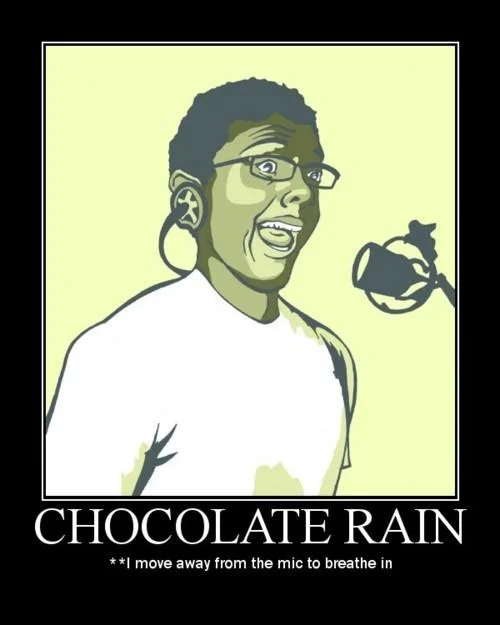 A posterized artistic illustration of Tay Zonday wearing glasses and hoop earrings with Chocolate Rain title and famous breathing quote.