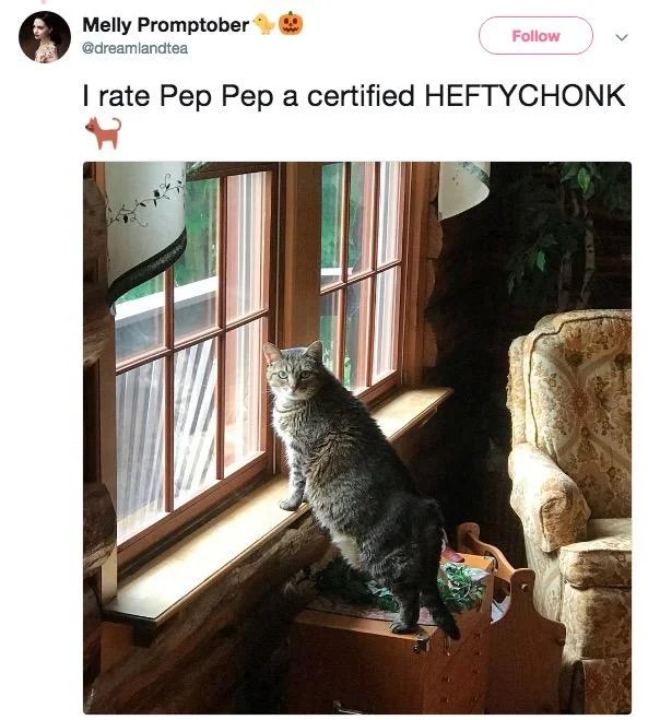 Chonk Oh Lawd He Comin — Tweet rating a tabby cat named Pep Pep as a certified Heftychonk on the CHONK Chart scale.