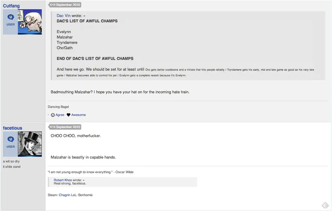 League of Legends forum post replying CHOO CHOO motherfucker