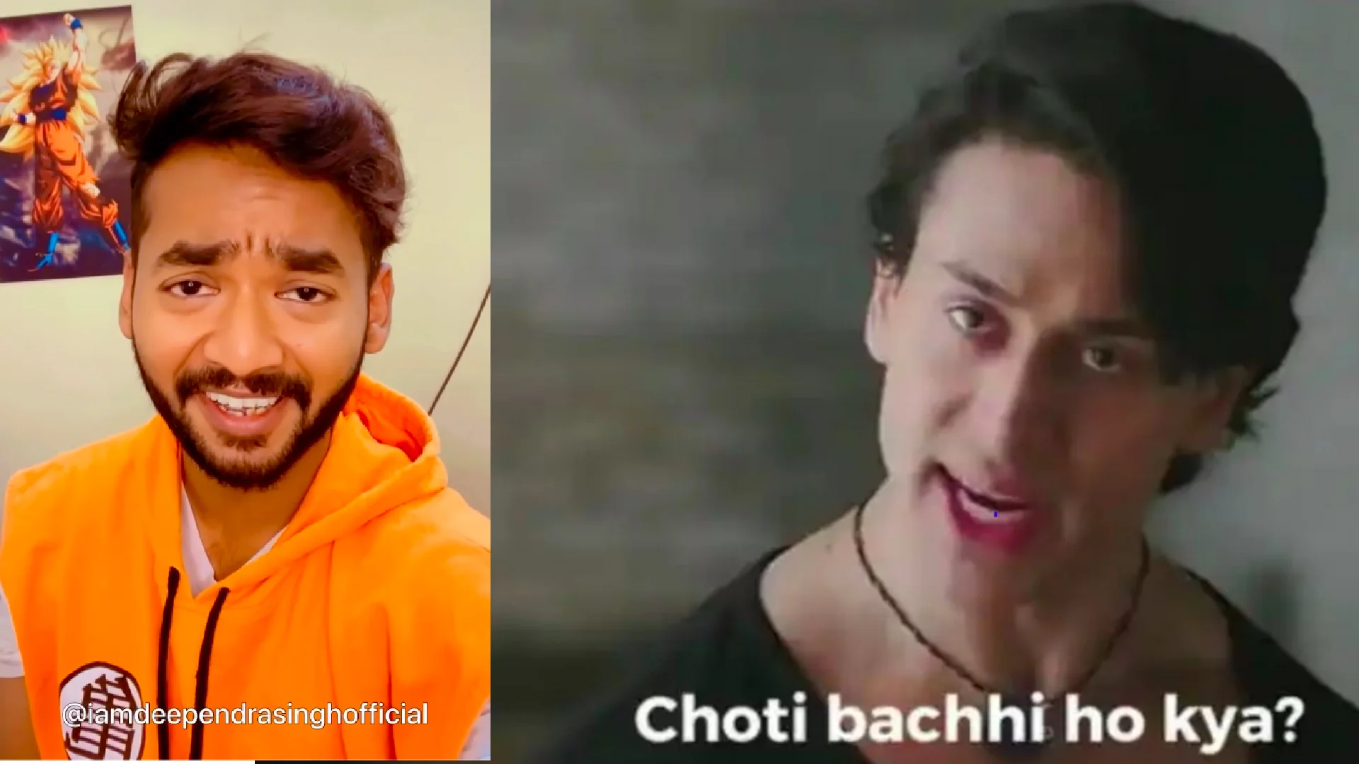 Split image of a TikTok creator next to Tiger Shroff with the caption 'Choti bachhi ho kya?'