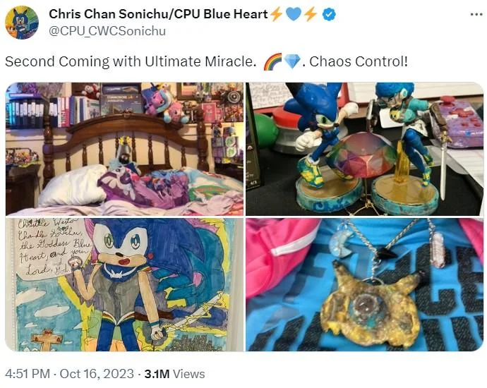 Chris Chan Cwc Christian Weston Chandler — Screenshot of Chris Chan tweet showing Sonic memorabilia and Sonichu medallion