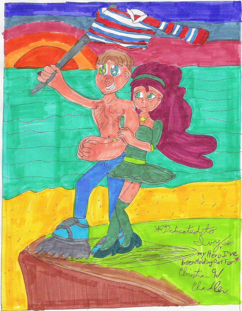 Chris Chan Cwc Christian Weston Chandler — Chris Chan marker drawing of himself embracing Ivy character with flag