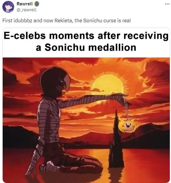 Chris Chan's Sonichu Medallion Curse — Tweet with Berserk-style anime sunset edited so the character dangles a Sonichu medallion