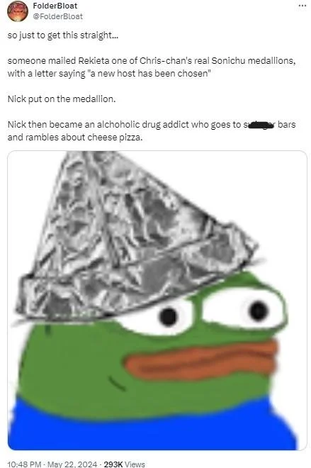 Chris Chan's Sonichu Medallion Curse — Tweet summarizing the Sonichu medallion curse lore with a tinfoil-hat Pepe illustration