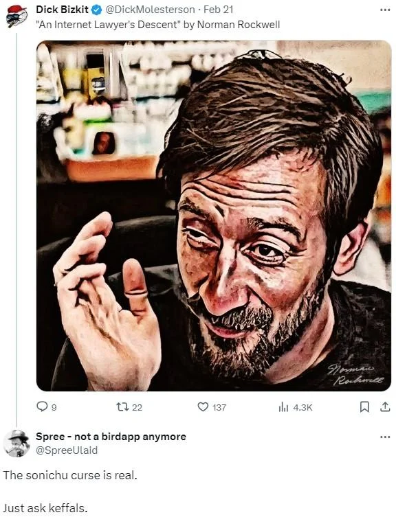 Chris Chan's Sonichu Medallion Curse — Tweet showing painted portrait of Nick Rekieta titled 'An Internet Lawyer's Descent' with reply about the Sonichu curse