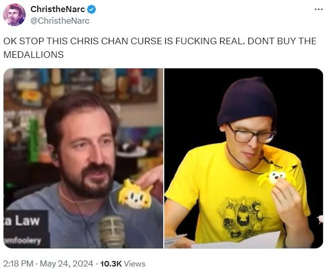 Chris Chan's Sonichu Medallion Curse — Tweet comparing Nick Rekieta and idubbbz each holding yellow Sonichu merchandise