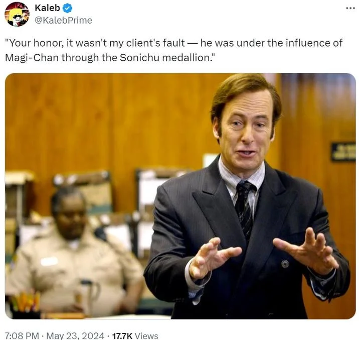 Chris Chan's Sonichu Medallion Curse — Tweet with Saul Goodman gesturing in court beside a Sonichu medallion defense caption