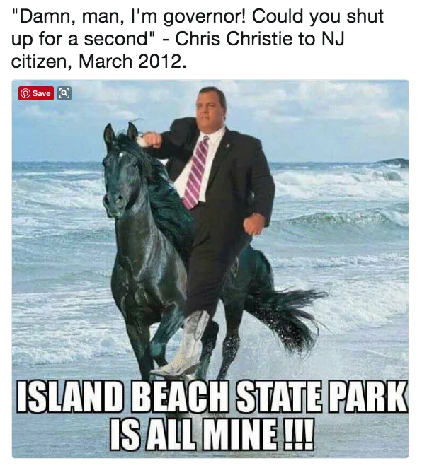 Chris Christie Beach Picture — Photoshop meme of Chris Christie riding a black horse through ocean surf with caption 'Island Beach State Park is all mine'.