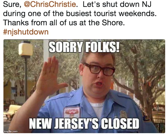 Chris Christie Beach Picture — Tweet reacting to Chris Christie with the John Candy 'Sorry folks, New Jersey's Closed' meme image.