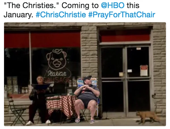 Chris Christie Beach Picture — Photoshop meme of Chris Christie in his beach chair on a city sidewalk, promoting a fake HBO show 'The Christies'.